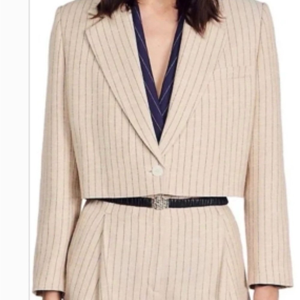 Sandro Stripy Cropped Jacket Beige Pinstripe Blazer Size 34 / US 2 XS NWT